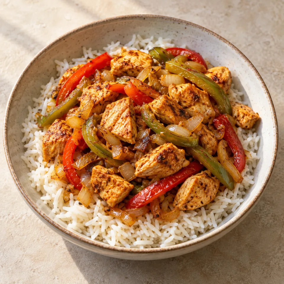 Bol de arroz con pollo estilo fajitas