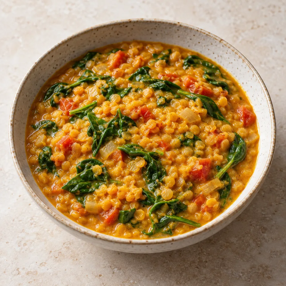 Dal de lentejas rojas con espinacas