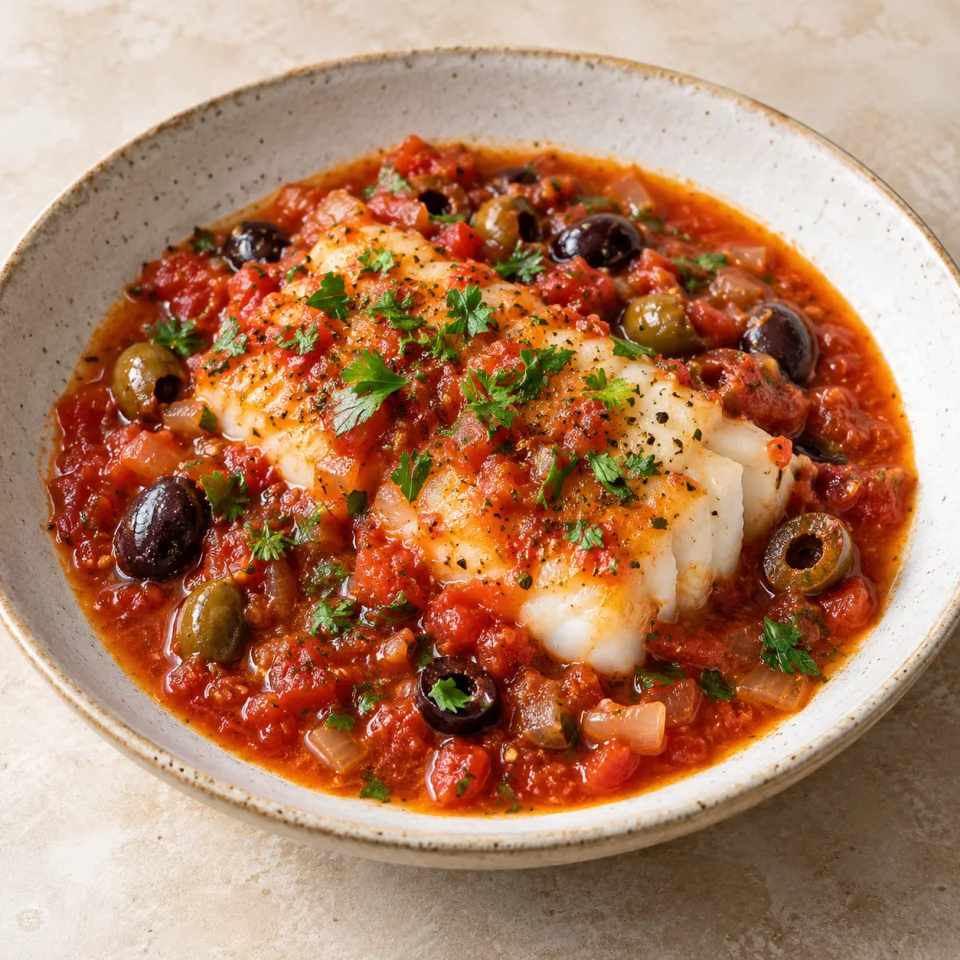 Bacalao fresco con tomate y aceitunas