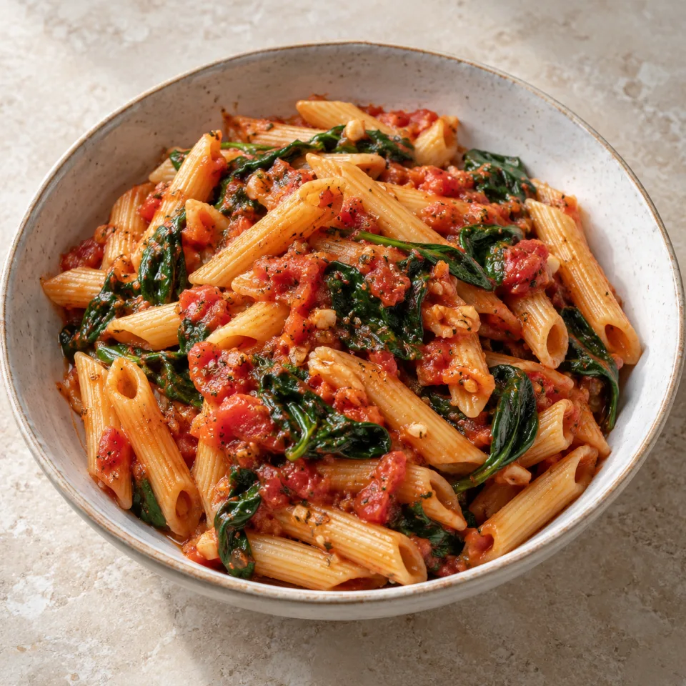 Pasta con tomate y espinacas