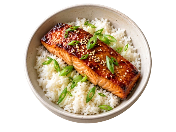Illustrative honey-soy salmon rice bowl