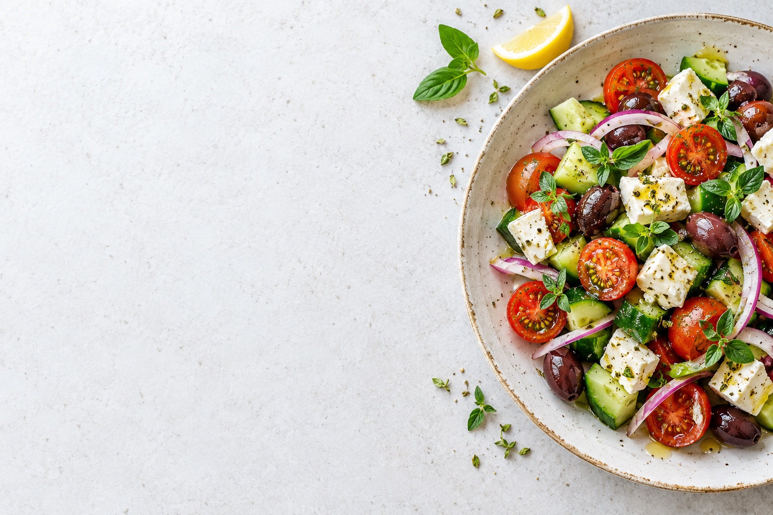 Fresh Greek salad on a bright kitchen table